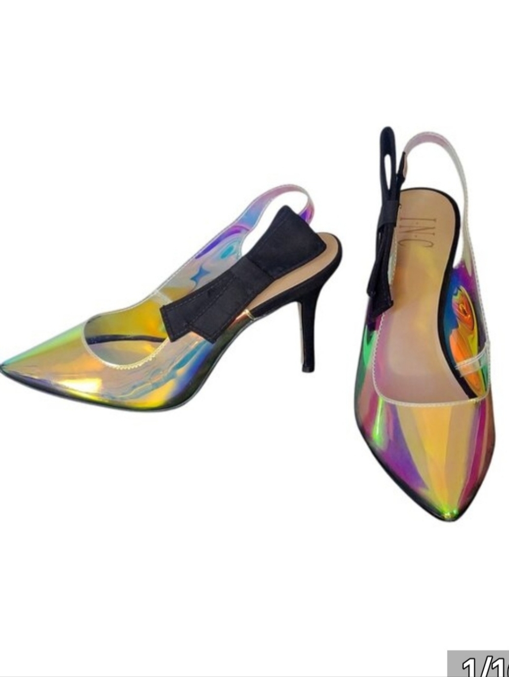INC Women Coletta  Iridescent Vinyl Sling Back Heels Size 8.5 M Side Black Bow